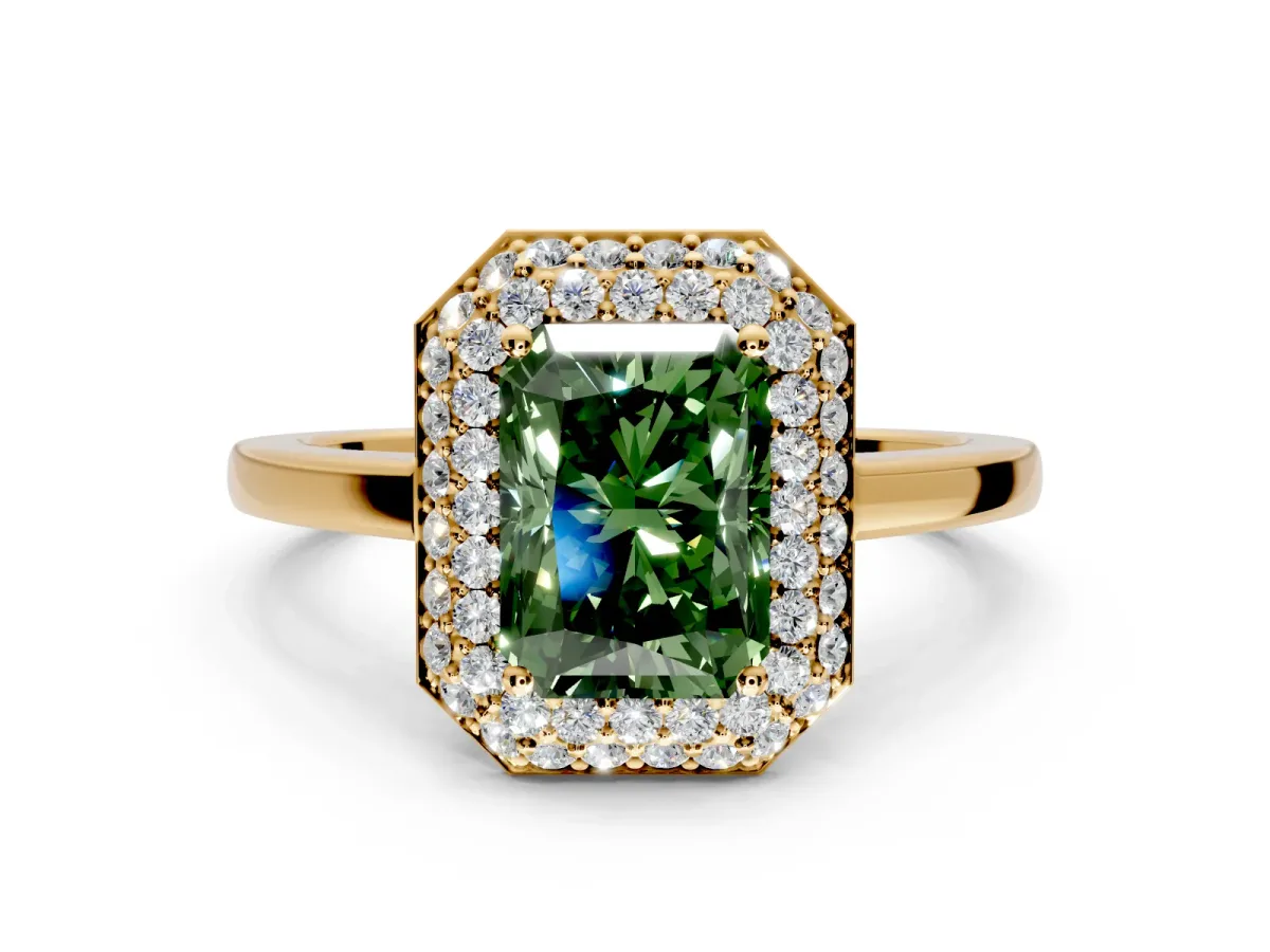 Halo Engagement Ring Setting for Fancy Green Radiant Cut Center with Plain Tapered Band and Prong Head in Yellow Gold
