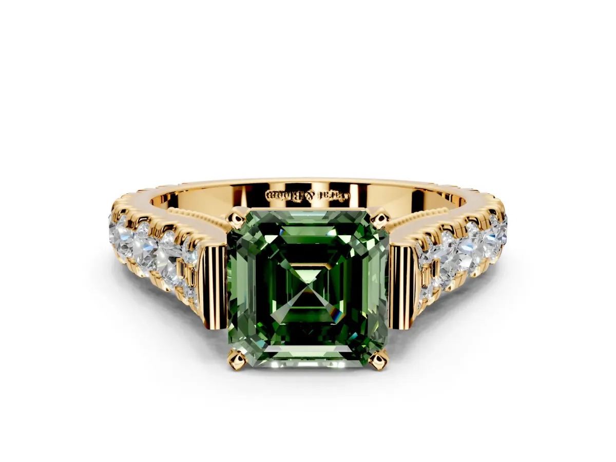 Solitaire Engagement Ring Setting for Fancy Green Asscher Cut Center with Pave Cathedral Shoulders and Prong Head in Yellow Gold