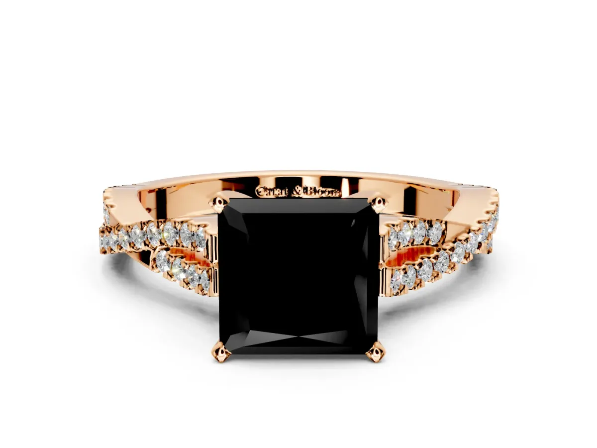 Solitaire Engagement Ring Setting for Fancy Black Princess Cut Center with Twisted Pave Split Shank and Prong Head in Rose Gold