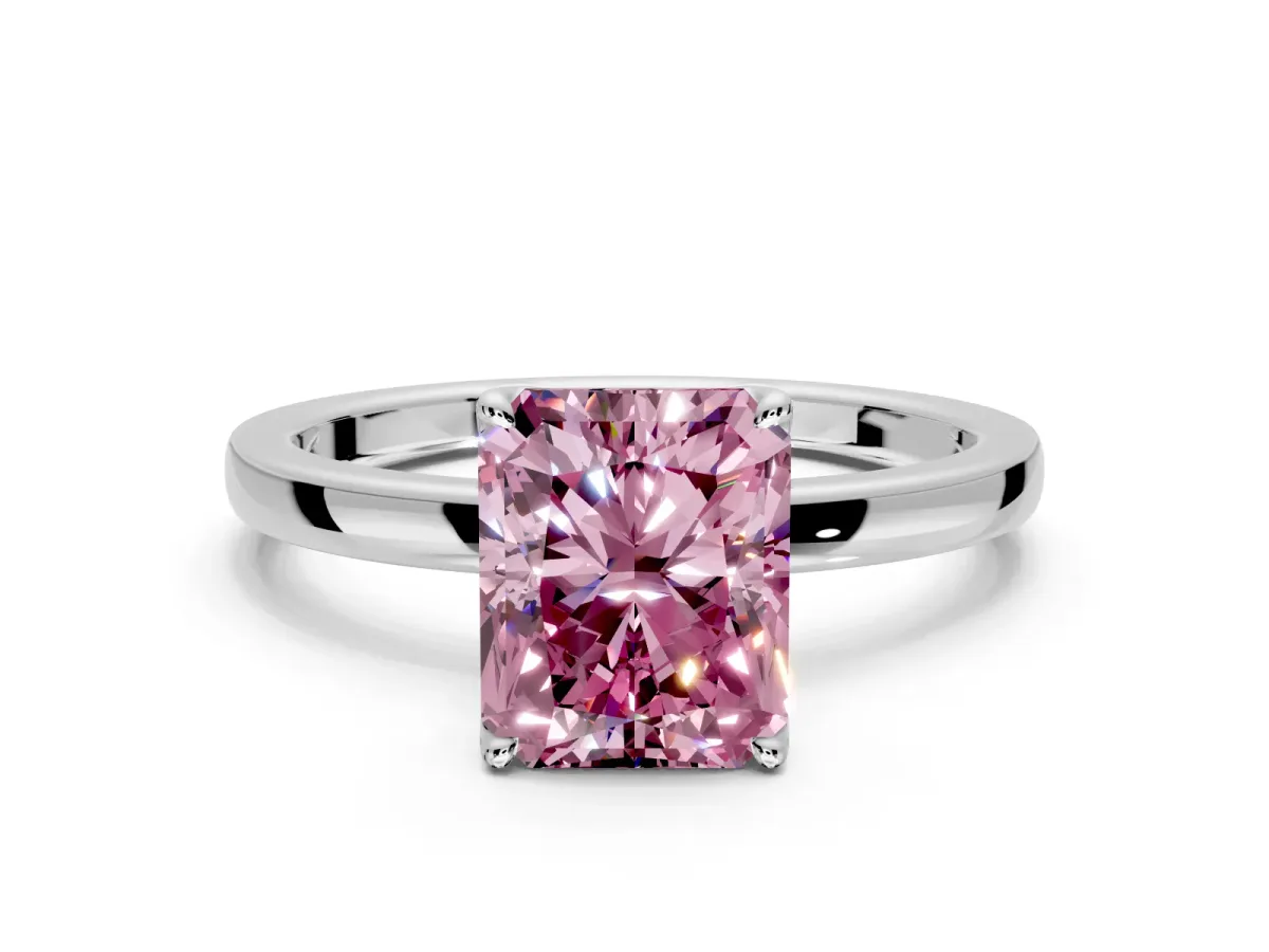 Solitaire Engagement Ring Setting for Fancy Pink Radiant Cut Center with Thin Rounded Plain Band and Prong Head in White Gold