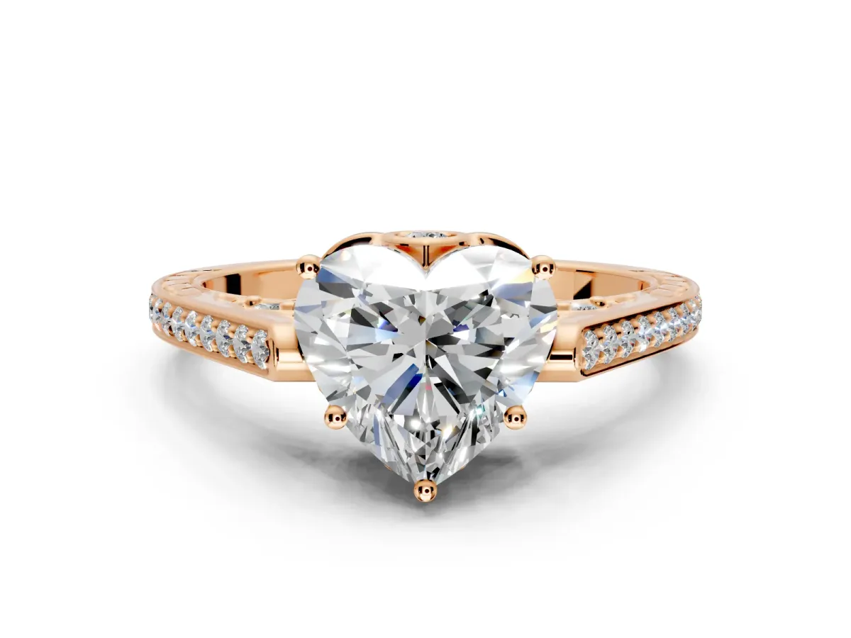 Cathedral Engagement Ring Setting for Heart-Shaped Center with Antique-Style Pave Band and Prong Head in Rose Gold