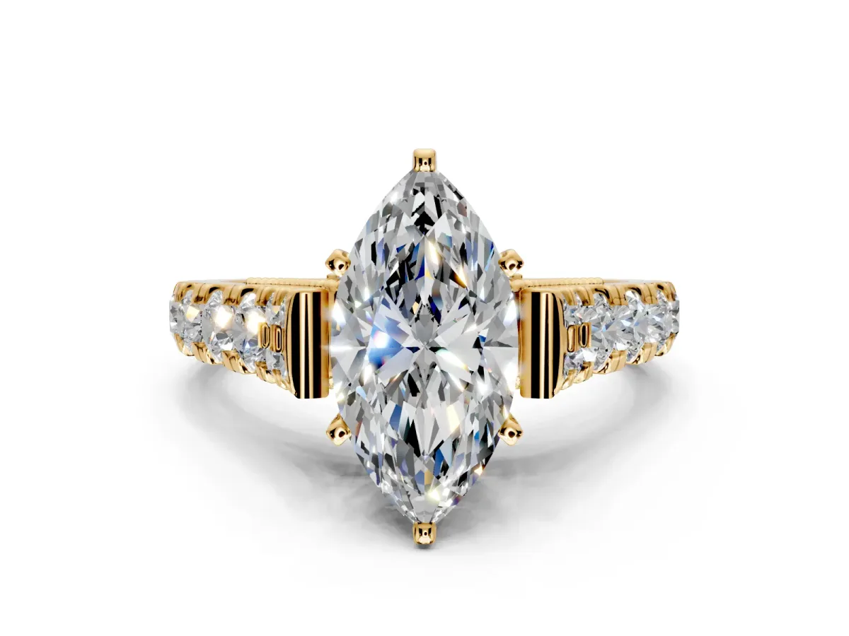Solitaire Engagement Ring Setting for Marquise Center with Pave Cathedral Shoulders and Prong Head in Yellow Gold