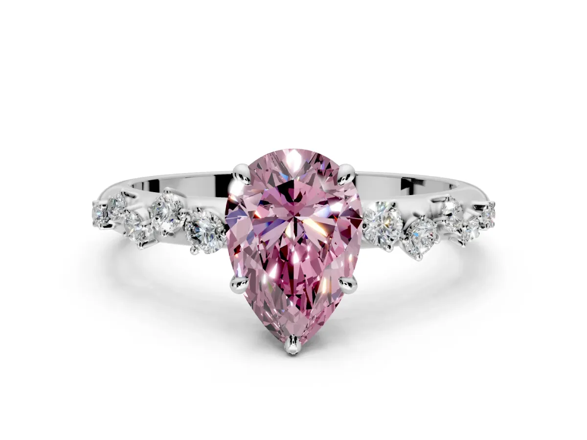 Cluster Engagement Ring Setting for Fancy Pink Pear-Shaped Center with Round Cut Accent Band and Prong Head in Sterling Silver