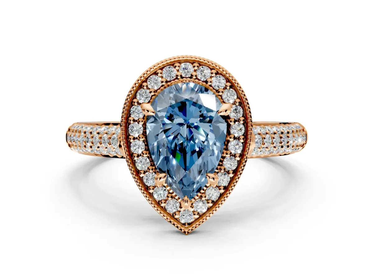 Milgrain Halo Engagement Ring Setting for Fancy Blue Pear-Shaped Center with Three-Sided Pave Band and Prong Head in Rose Gold