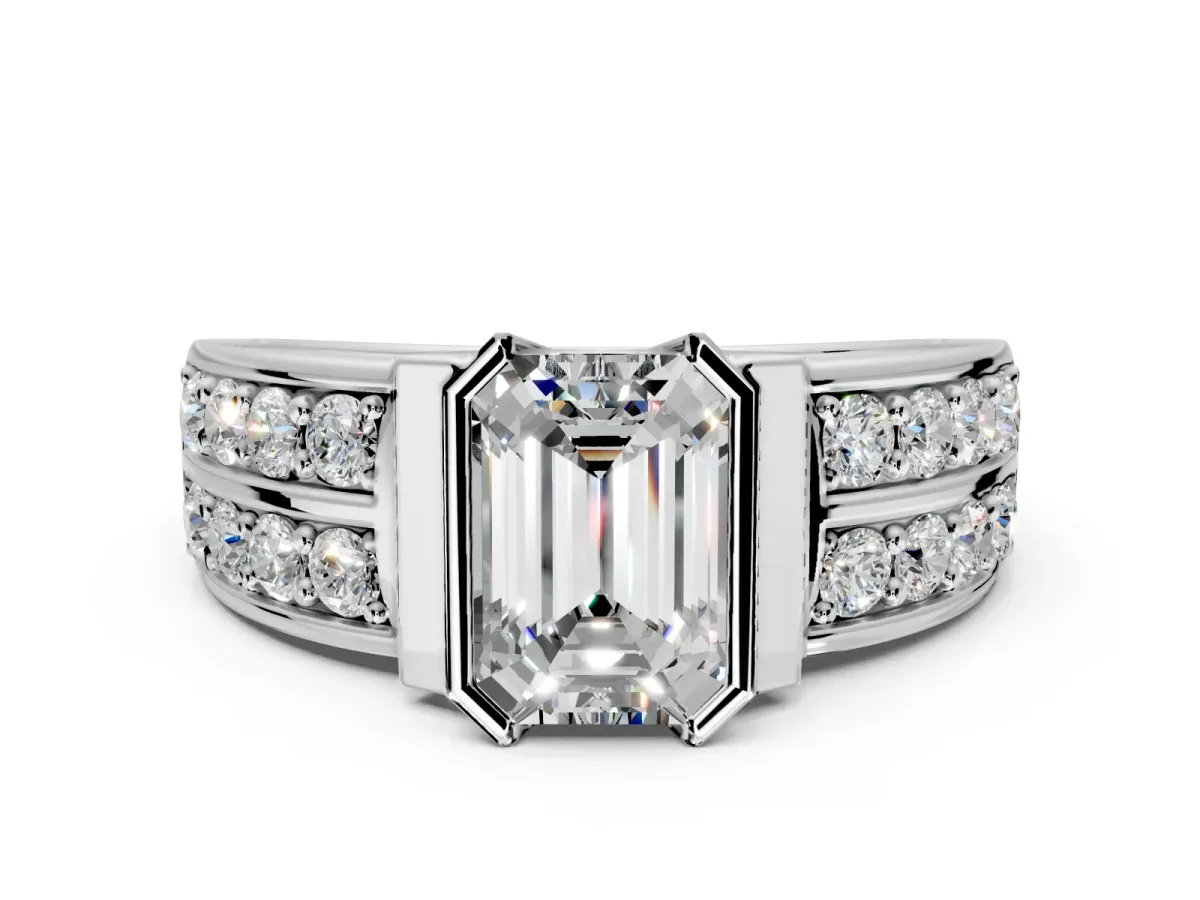 Bezel Engagement Ring Setting for Emerald Cut Center with Wide Channel-Set Band and Bezel Head in Sterling Silver