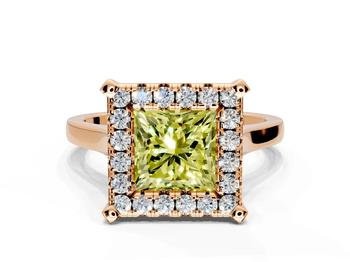 Single Halo Engagement Ring Setting for Fancy Yellow Princess Cut Center with Corner Claws, Plain Band and Prong Head in Rose Gold