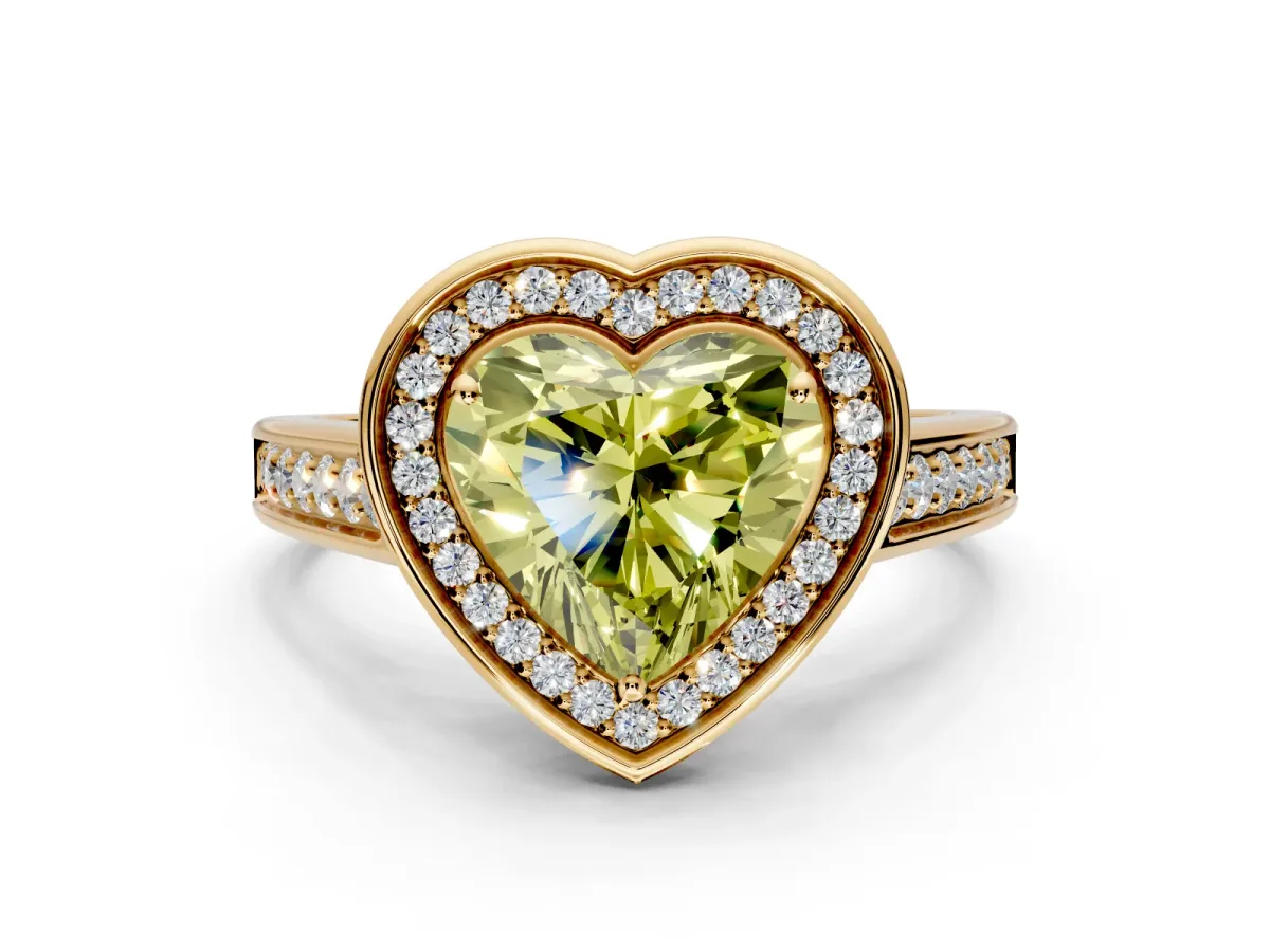 Halo Engagement Ring Setting for Fancy Yellow Heart-Shaped Center with Outer Bezel Rim, Pave Band and Prong Head in Yellow Gold