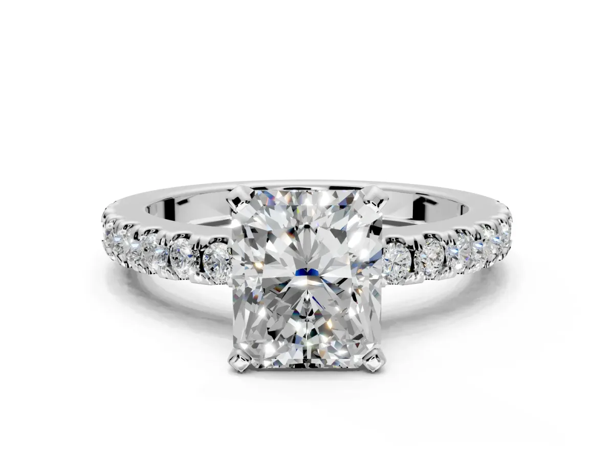 Solitaire Engagement Ring Setting for Radiant Cut Center with Single Row Accent Band and Prong Head in Platinum