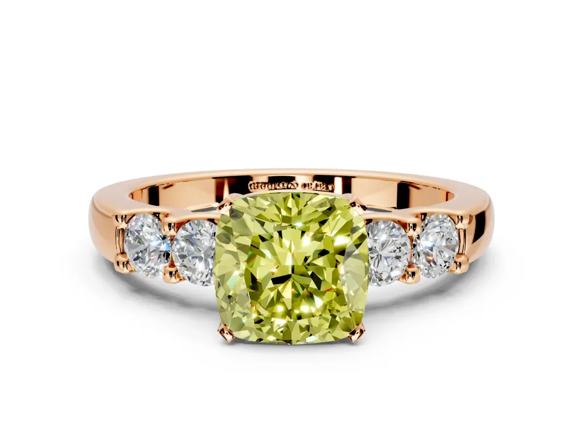 5 Stone Engagement Ring Setting for Fancy Yellow Cushion Cut Center with Plain Band and Prong Head in Rose Gold
