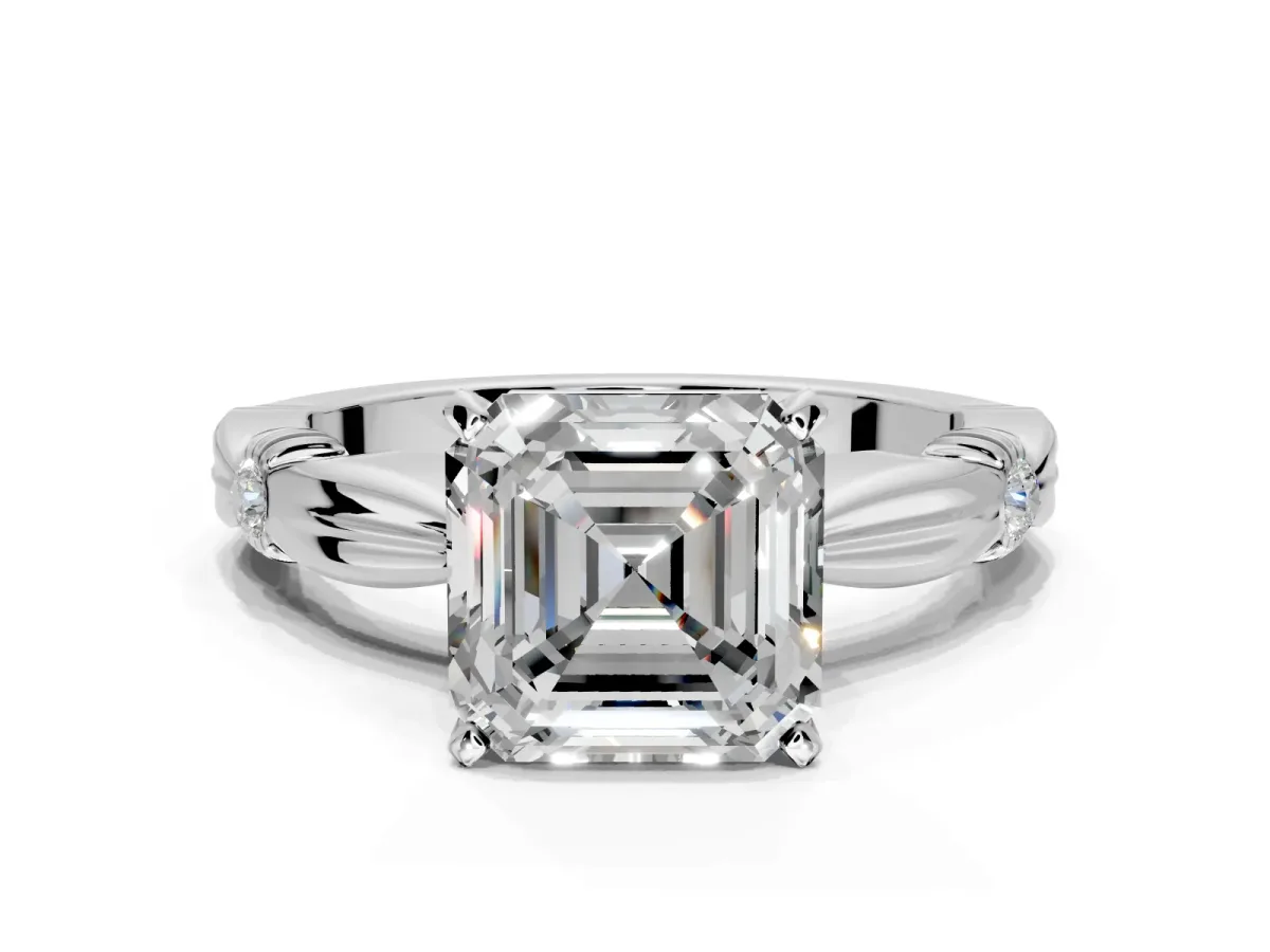 Solitaire Engagement Ring Setting for Asscher Cut Center with Carved Leaf Shoulders and Prong Head in Sterling Silver
