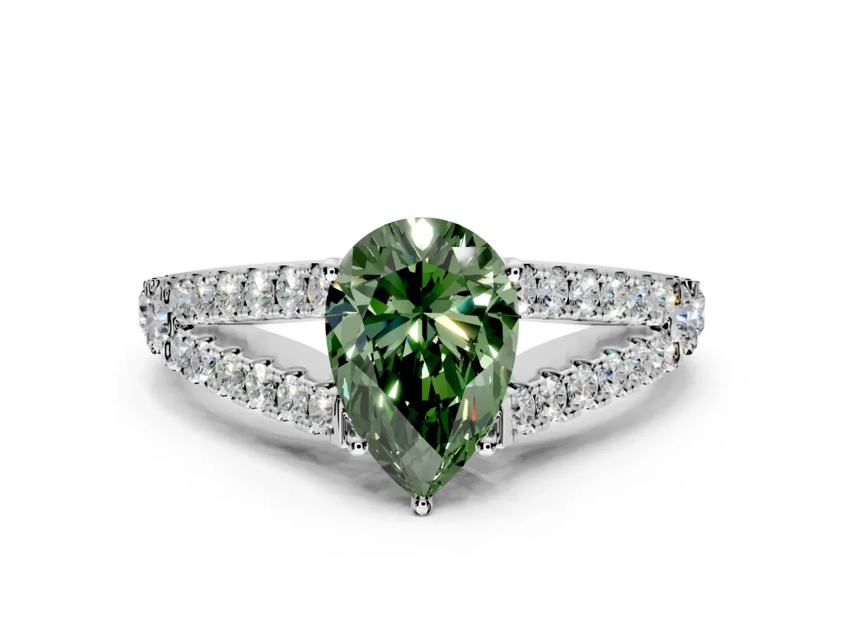 Solitaire Engagement Ring Setting for Fancy Green Pear-Shaped Center with Pave Split Shank and Prong Head in Sterling Silver