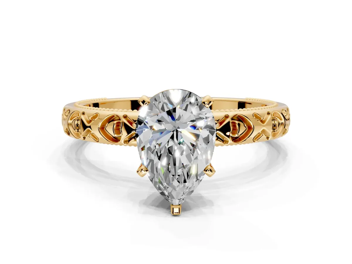 Solitaire Engagement Ring Setting for Pear-Shaped Center with XO Engraved Band and Prong Head in Yellow Gold