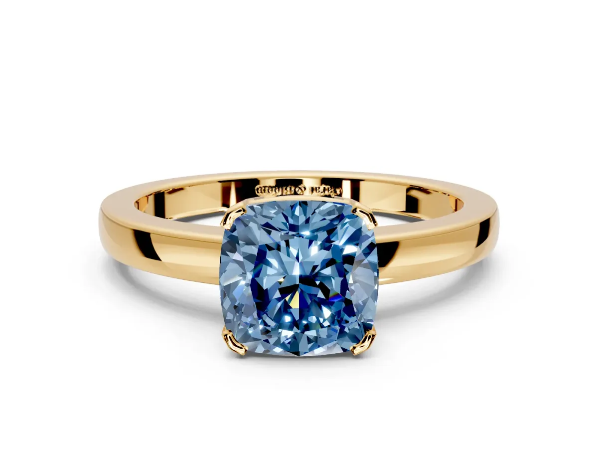 Solitaire Engagement Ring Setting for Fancy Blue Cushion Cut Center with Plain Band and Flat Tab Prong Head in Yellow Gold