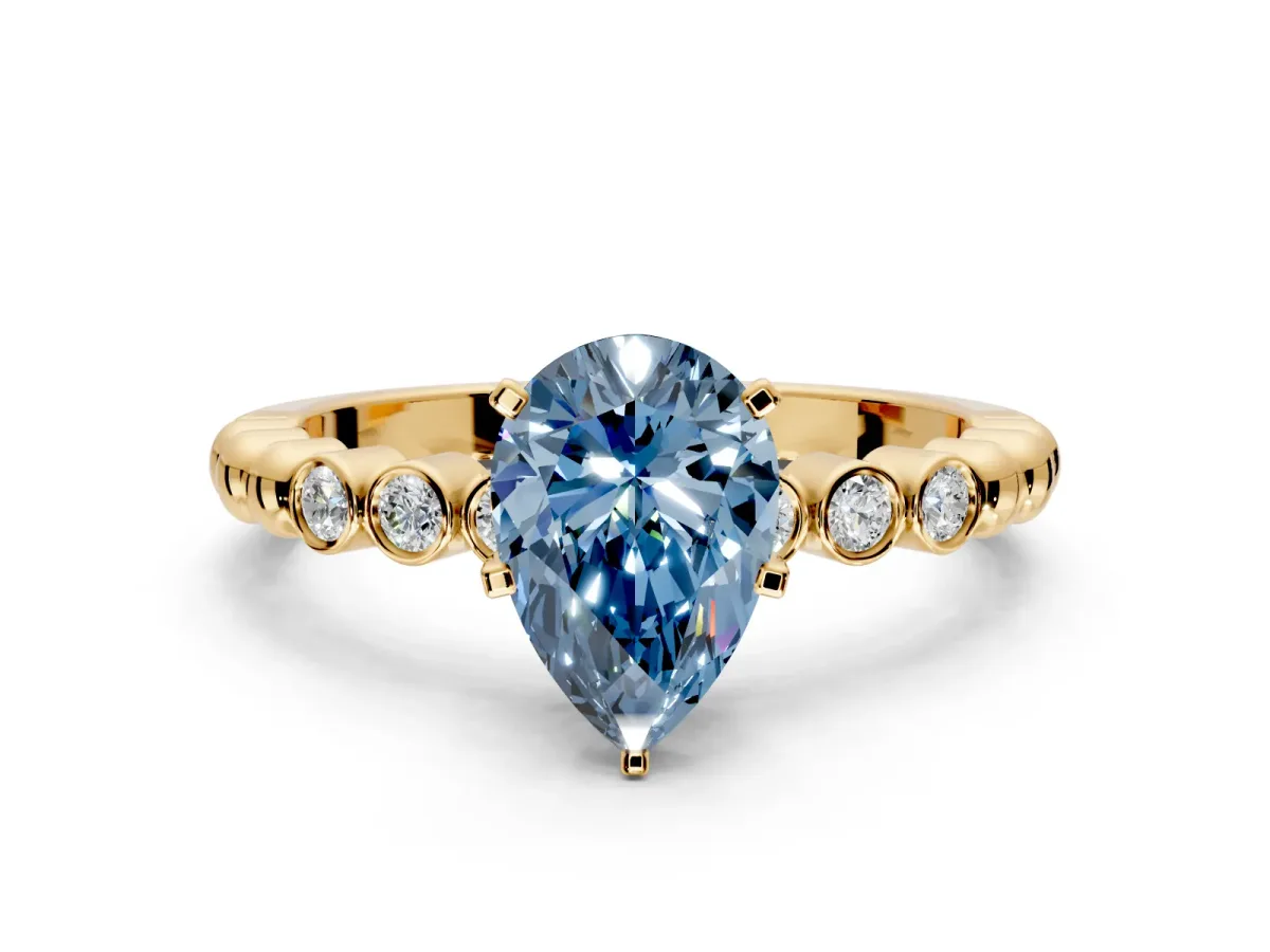 Solitaire Engagement Ring Setting for Fancy Blue Pear-Shaped Center with Bezel-Dot Beaded Band and Prong Head in Yellow Gold