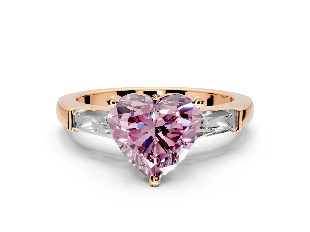 3 Stone Engagement Ring Setting for Fancy Pink Heart-Shaped Center with Tapered Baguettes, Plain Band and Prong Head in Rose Gold