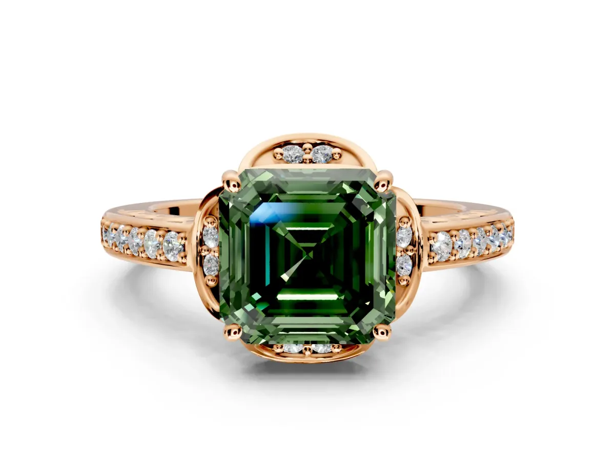 Floral Engagement Ring Setting for Fancy Green Asscher Cut Center with Four Accent Clusters and Prong Head in Rose Gold