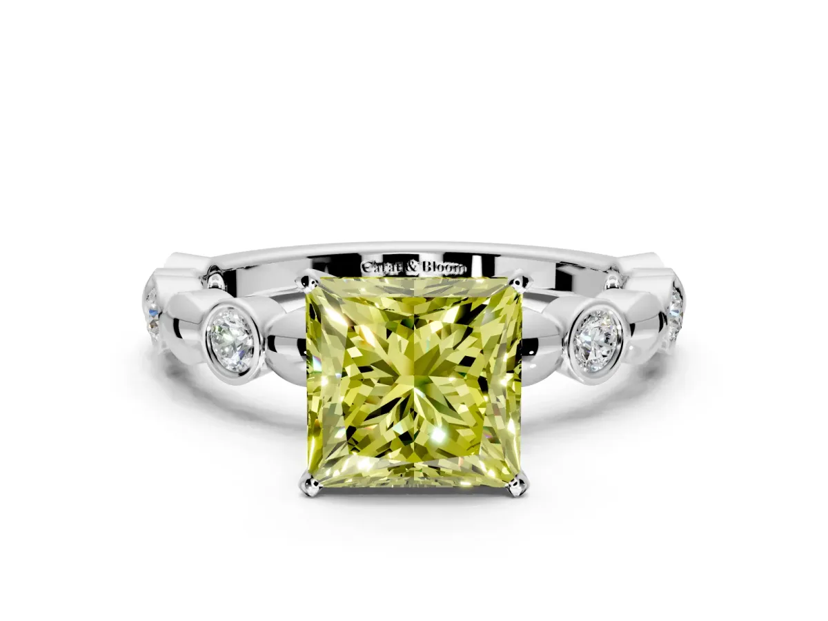 Solitaire Engagement Ring Setting for Fancy Yellow Princess Cut Center with Beaded Bezel Station Band and Prong Head in Platinum