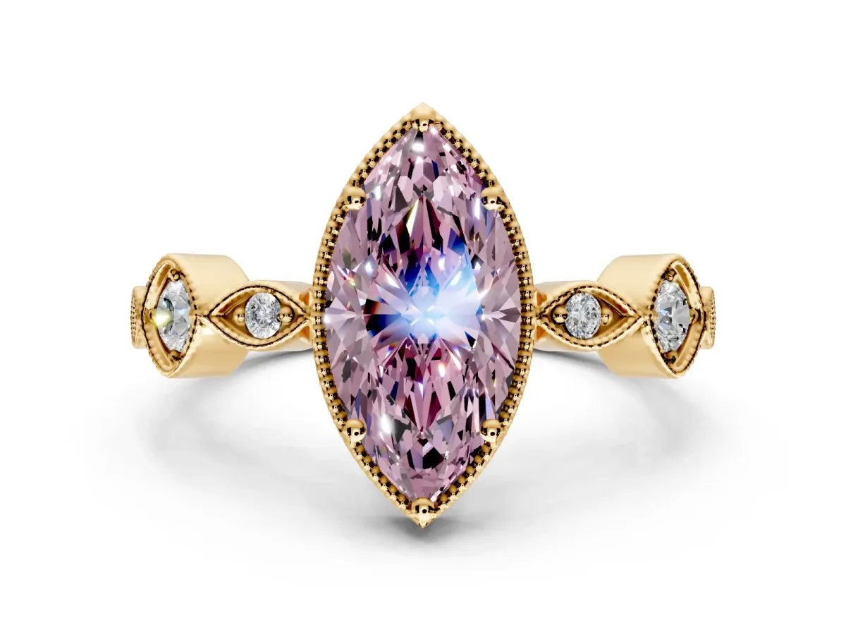 Vintage Station Engagement Ring Setting for Fancy Pink Marquise Center with Accents and Prong Head in Yellow Gold