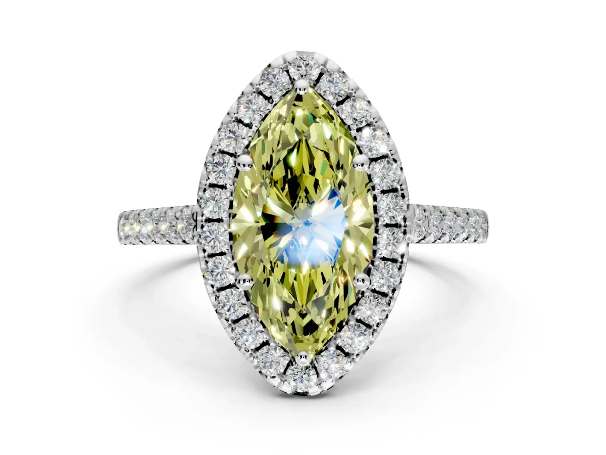 Halo Engagement Ring Setting for Fancy Yellow Marquise Center with Raised Halo, Pave Band and Prong Head in White Gold