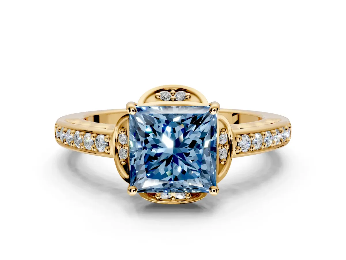 Floral Engagement Ring Setting for Fancy Blue Princess Cut Center with Four Accent Clusters and Prong Head in Yellow Gold