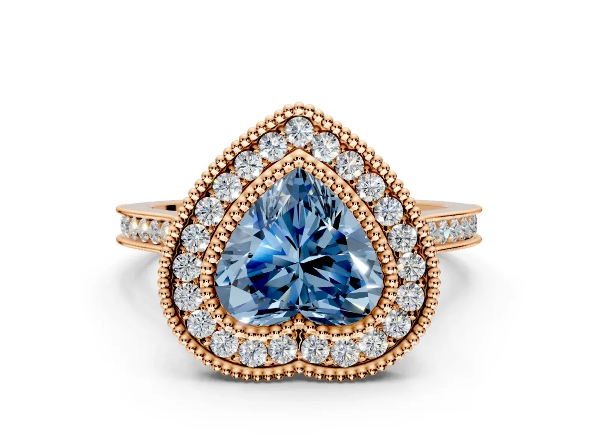 Halo Engagement Ring Setting for Fancy Blue Heart-Shaped Center with Milgrain Frame, Pave Band and Prong Head in Rose Gold