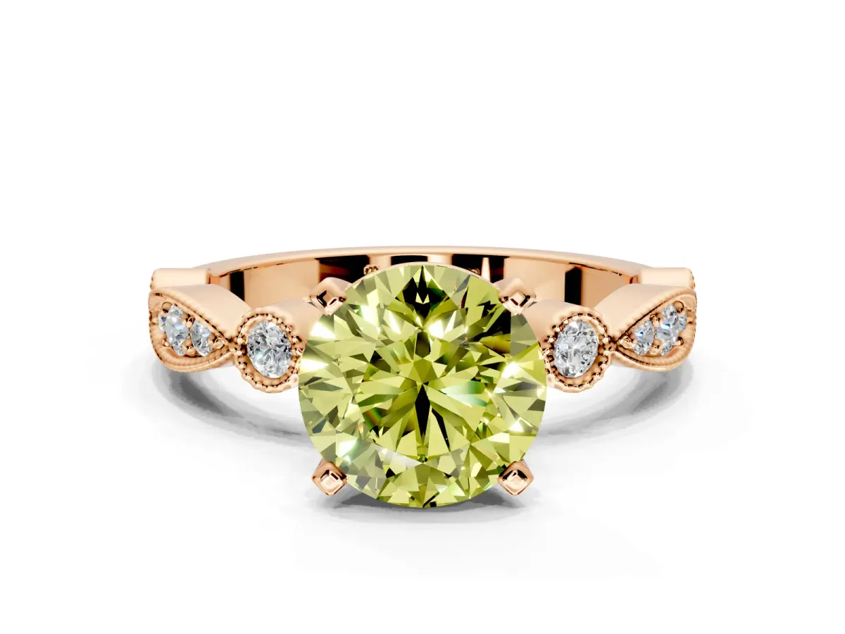 Solitaire Engagement Ring Setting for Fancy Yellow Round Cut Center with Milgrain Bezel Accents and Prong Head in Rose Gold
