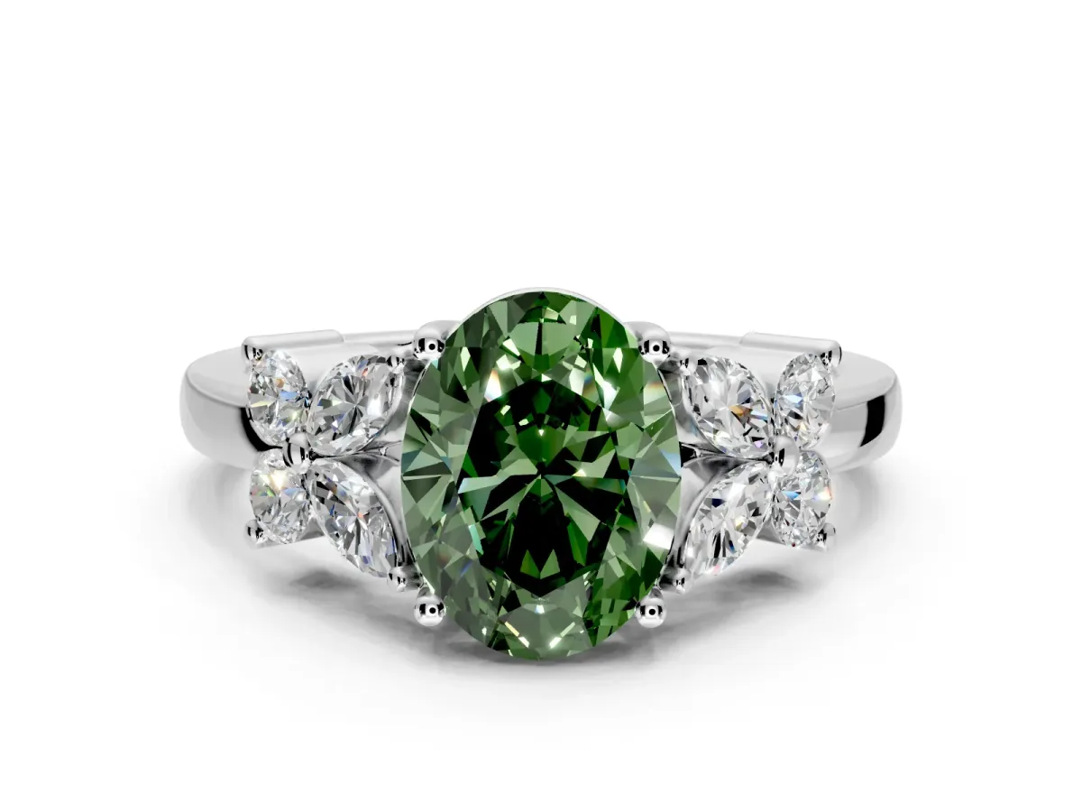 Floral Engagement Ring Setting for Fancy Green Oval Center with Marquise Cluster Shoulders and Prong Head in Platinum