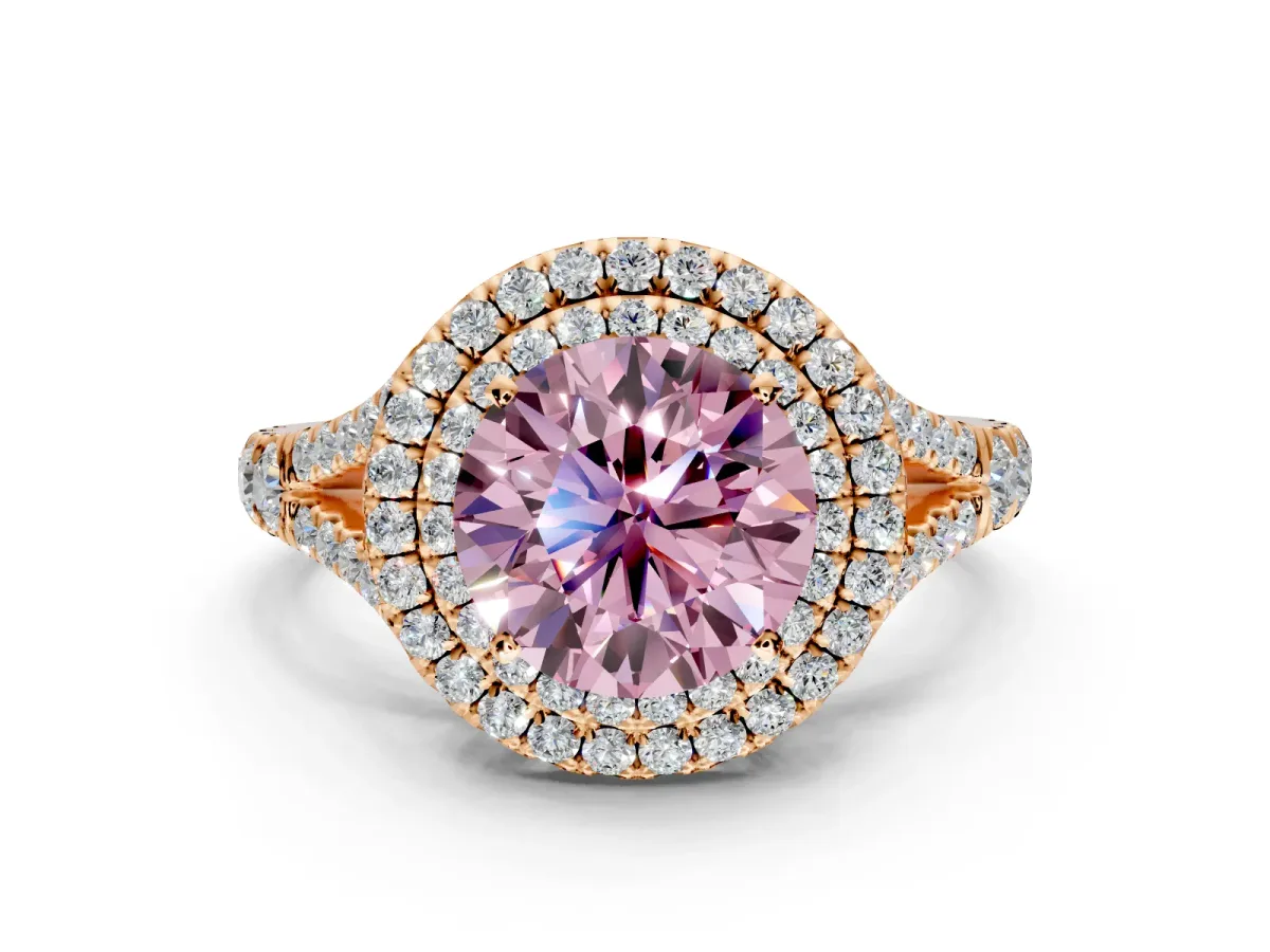 Double Halo Engagement Ring Setting for Fancy Pink Round Cut Center with Narrow Pave Split Shank and Prong Head in Rose Gold