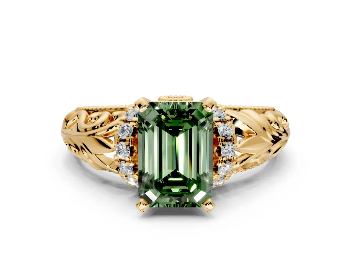 Solitaire Engagement Ring Setting for Fancy Green Emerald Cut Center with Filigree Accent Basket and Prong Head in Yellow Gold