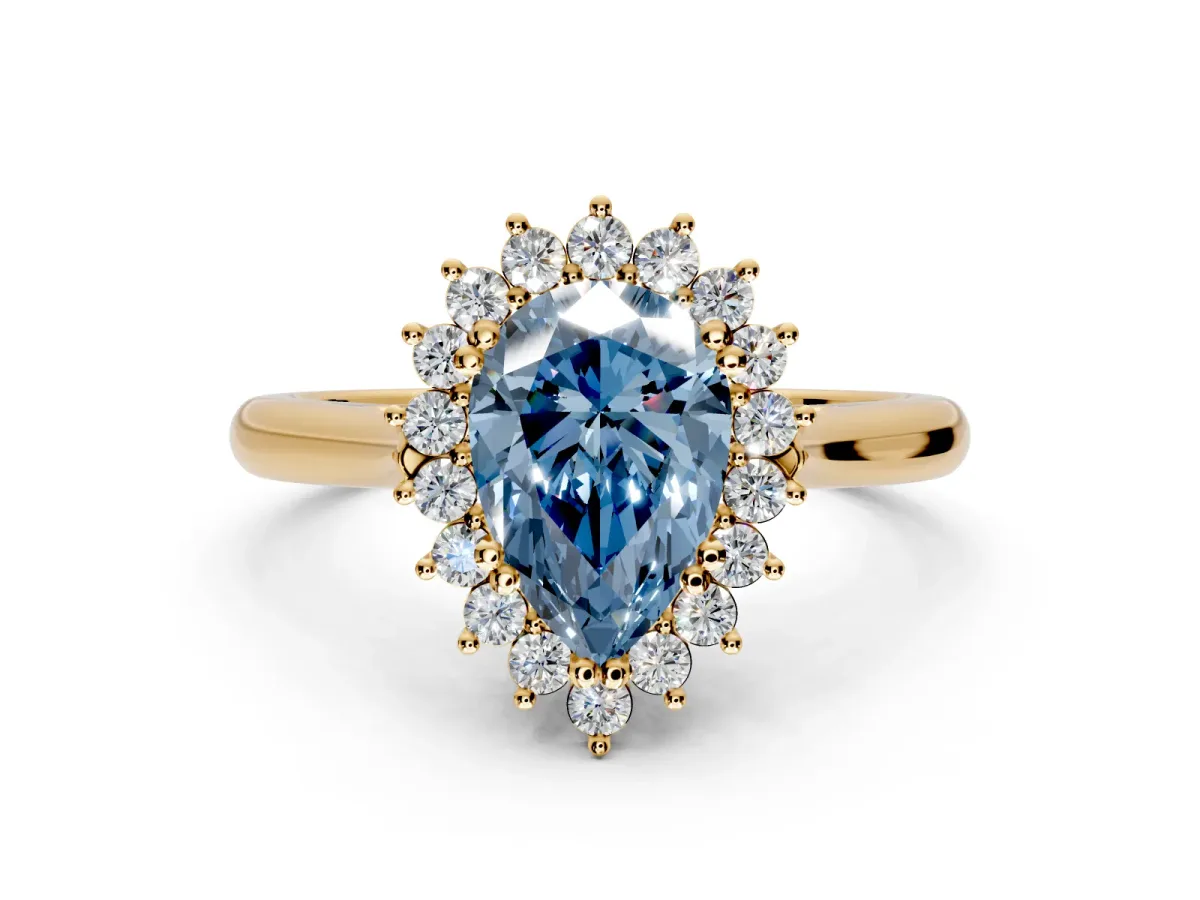 Starburst Halo Engagement Ring Setting for Fancy Blue Pear-Shaped Center with Thin Round-Wire Band and Prong Head in Yellow Gold