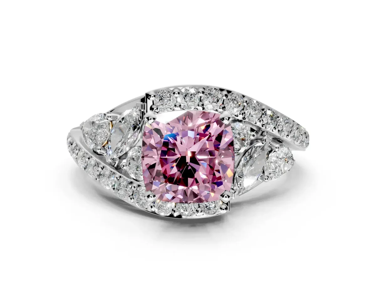 Halo Engagement Ring Setting for Fancy Pink Cushion Cut Center with Marquise and Pave Bypass Band and Prong Head in Platinum