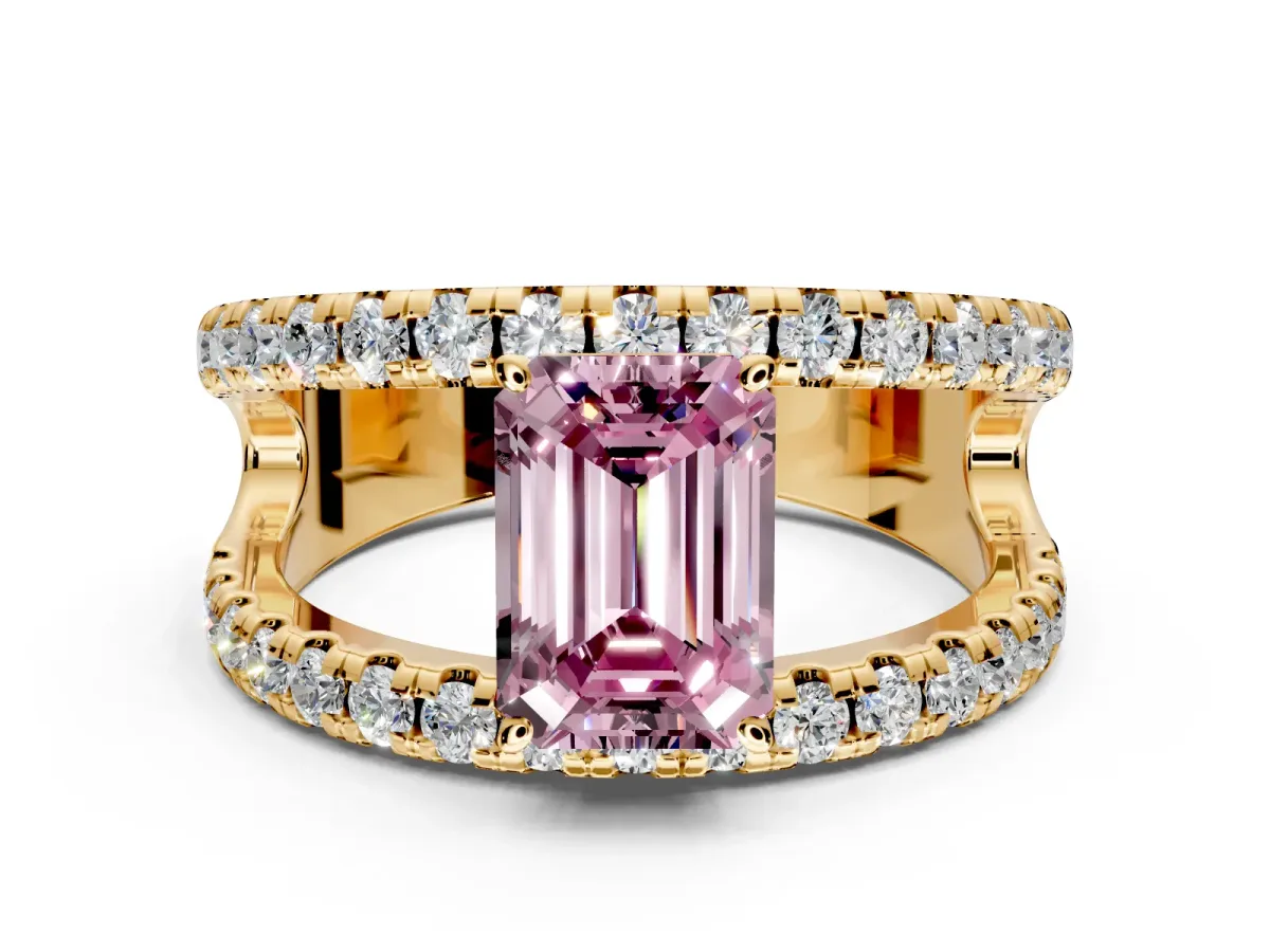 Solitaire Engagement Ring Setting for Fancy Pink Emerald Cut Center with Wide-Open Split Shank and Prong Head in Yellow Gold