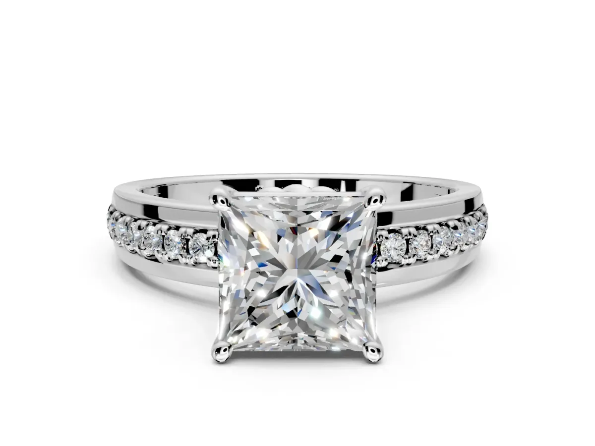Solitaire Engagement Ring Setting for Princess Cut Center with Raised Channel Band and Prong Head in Platinum