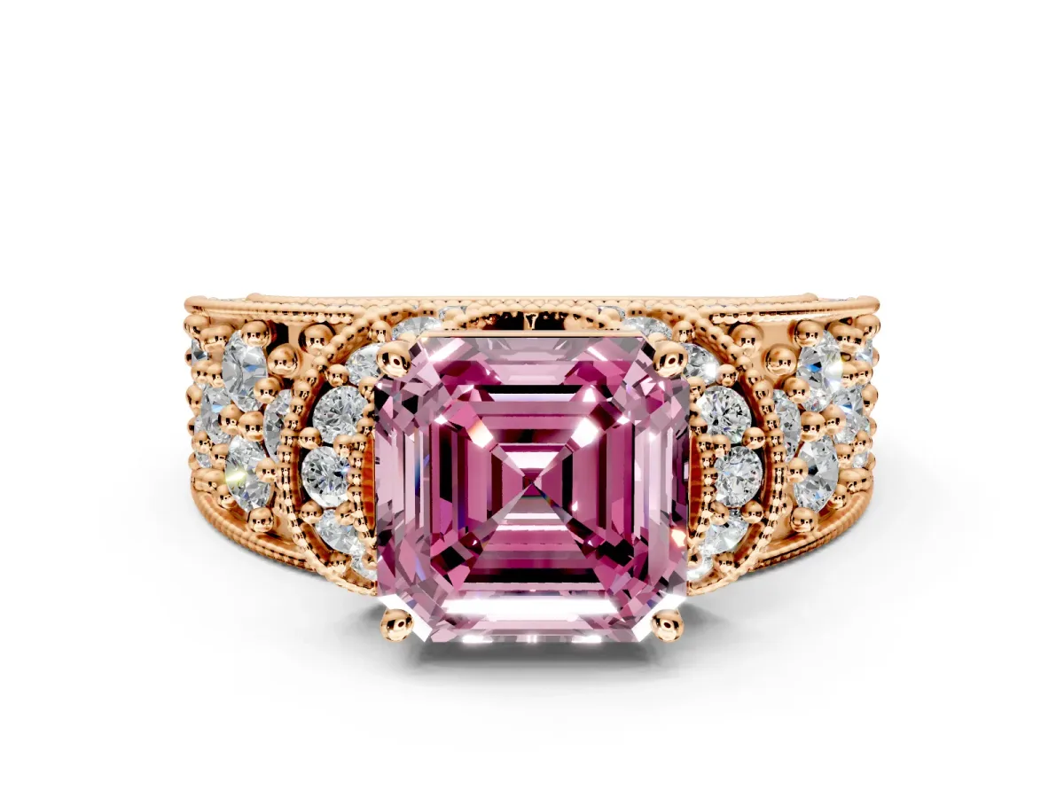 Pave Engagement Ring Setting for Fancy Pink Asscher Cut Center with Curved Accent Rows, Openwork and Prong Head in Rose Gold