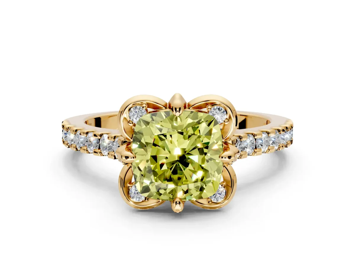Floral Engagement Ring Setting for Fancy Yellow Cushion Cut Center with Pave Band and Floral Prong Head in Yellow Gold