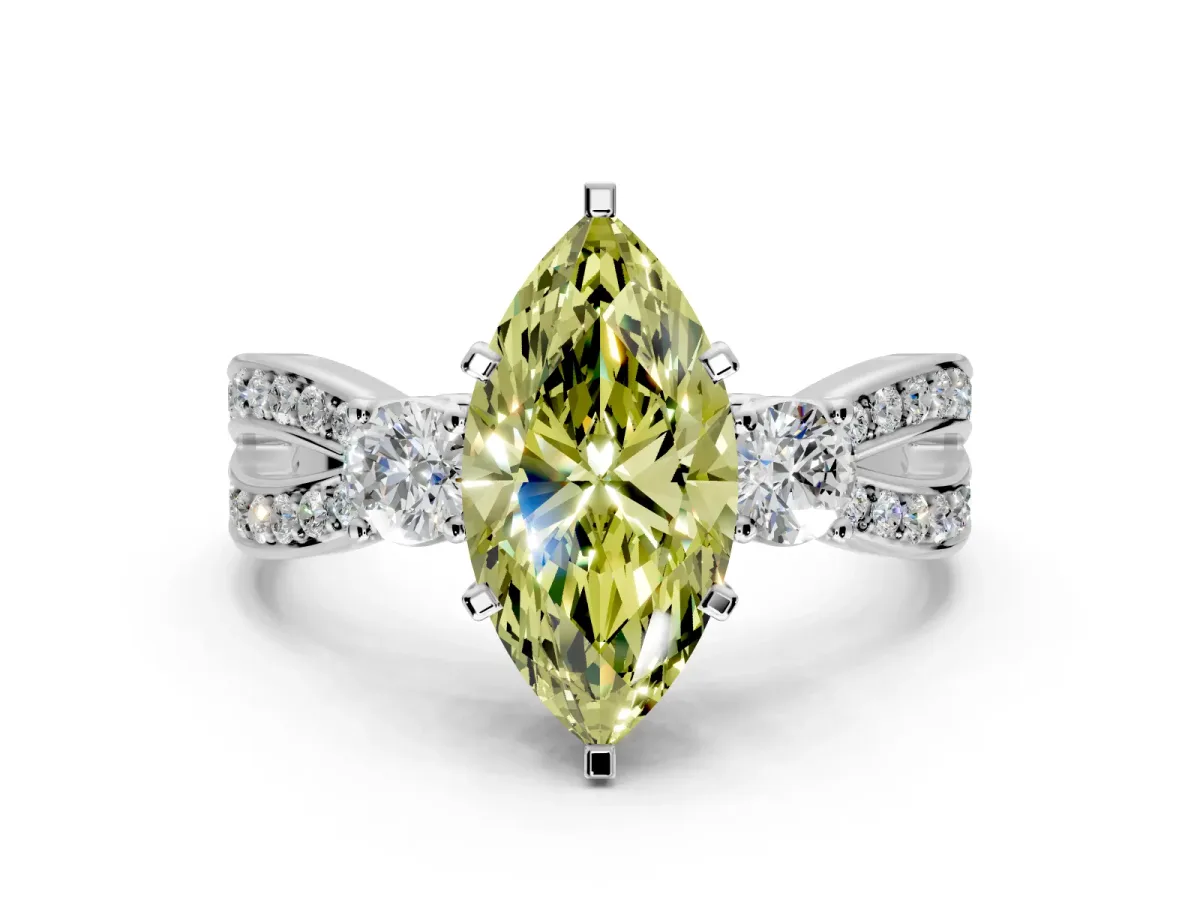 3 Stone Engagement Ring Setting for Fancy Yellow Marquise Center with Pave Twist Band and Prong Head in Platinum