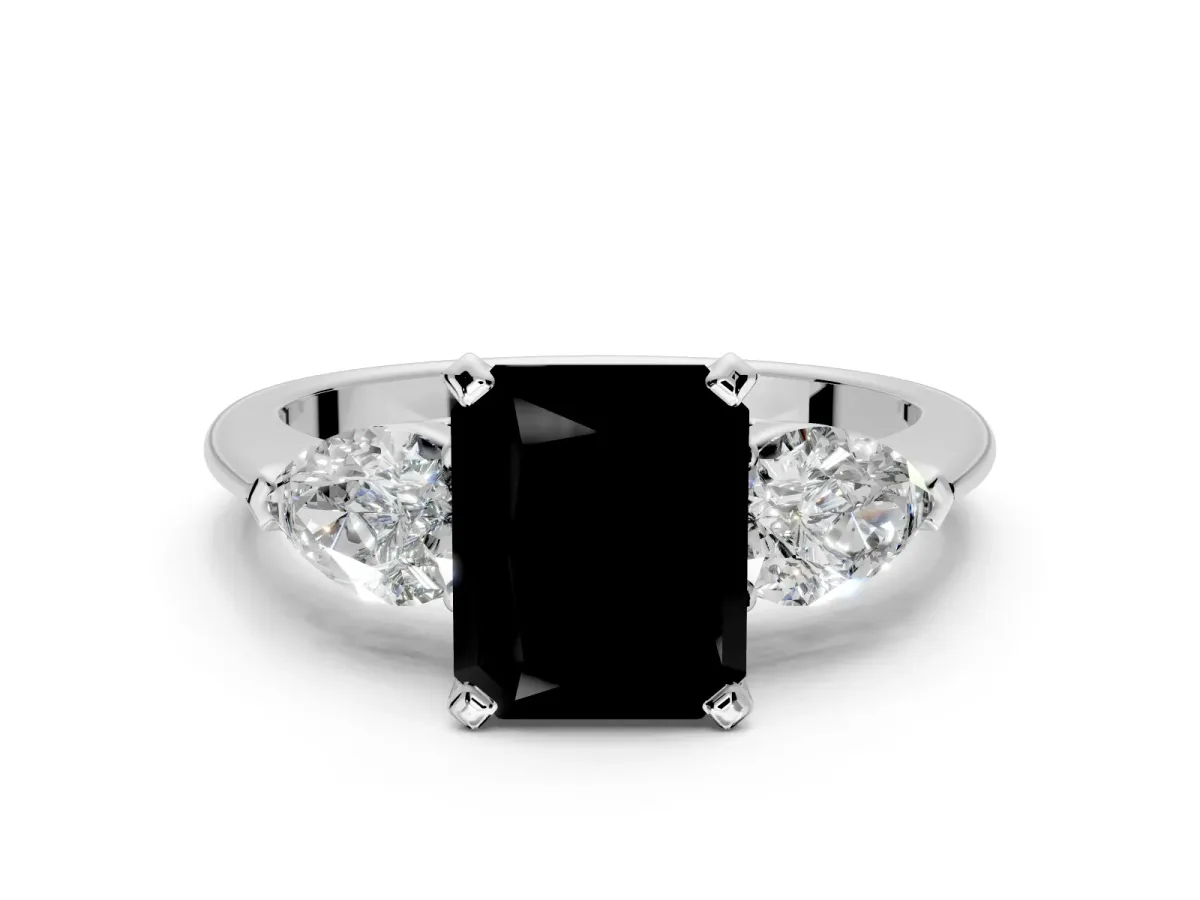 3 Stone Engagement Ring Setting for Fancy Black Radiant Cut Center with Large Pear-Shaped Accents and Prong Head in Platinum