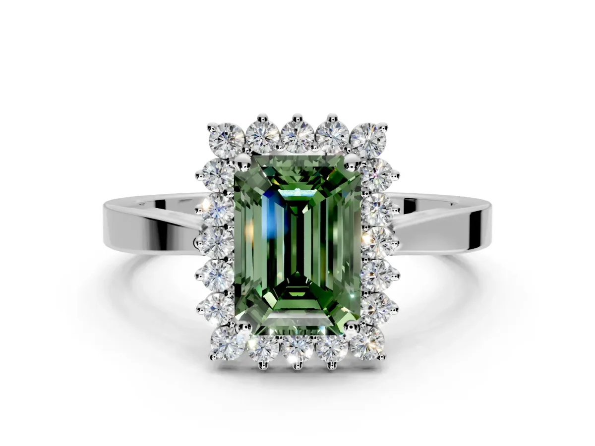 Starburst Halo Engagement Ring Setting for Fancy Green Emerald Cut Center with Flat Cathedral Band and Prong Head in Sterling Silver