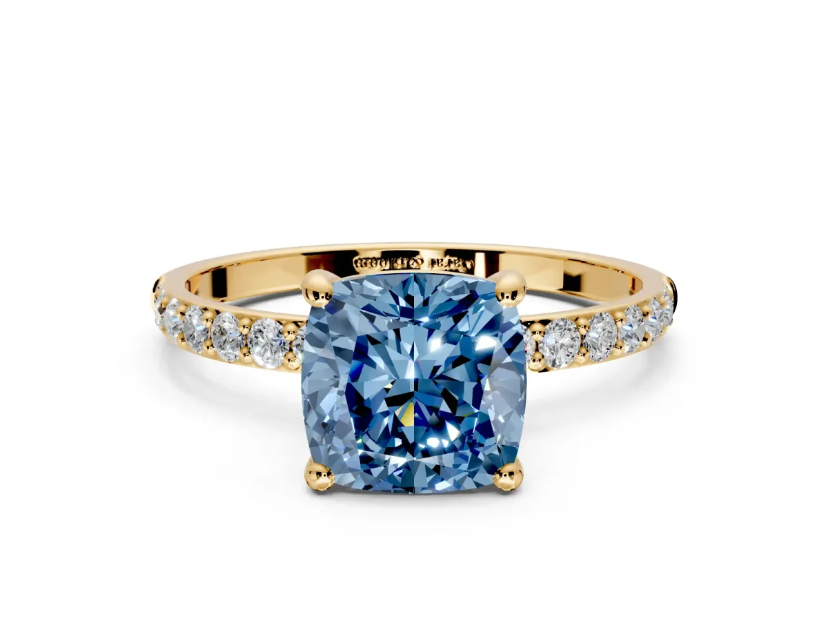 Solitaire Engagement Ring Setting for Fancy Blue Cushion Cut Center with Pave Accents and Prong Head in Yellow Gold