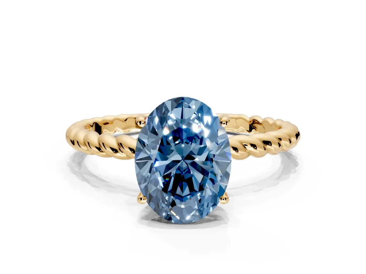 Solitaire Engagement Ring Setting for Fancy Blue Oval Center with 2-Strand Rope Twist Band and Prong Head in Yellow Gold