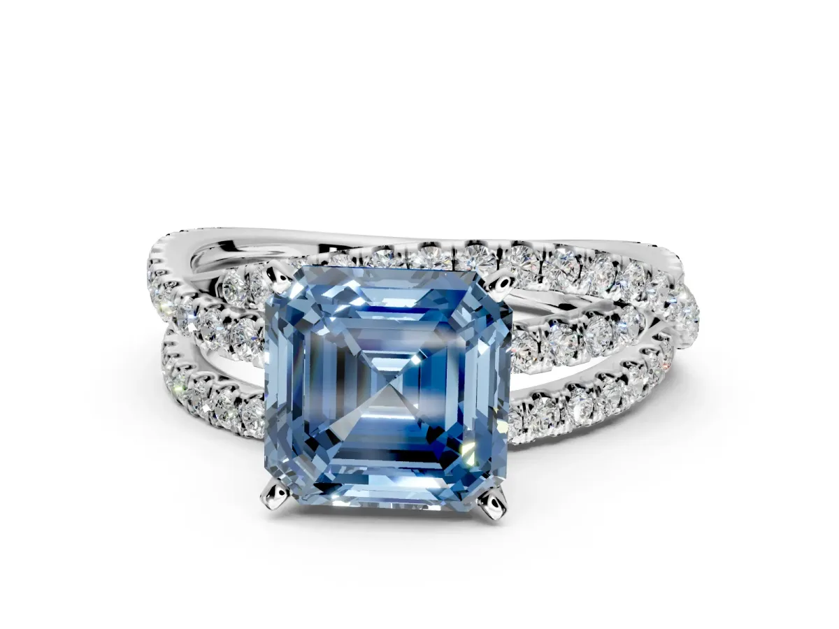 Solitaire Engagement Ring Setting for Fancy Blue Asscher Cut Center with Woven 3-Strand Pave Band and Prong Head in White Gold