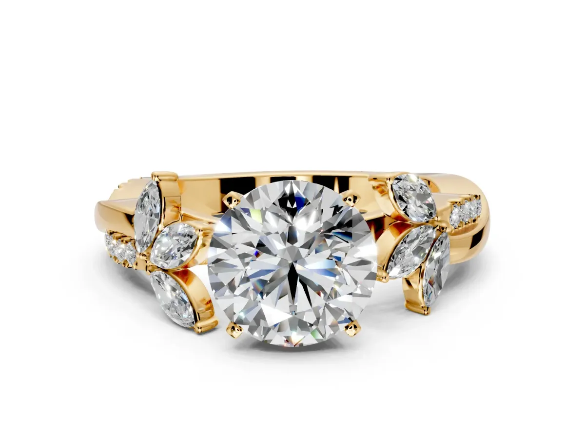 Floral Engagement Ring Setting for Round Cut Center with Trailing Marquise Accents and Prong Head in Yellow Gold