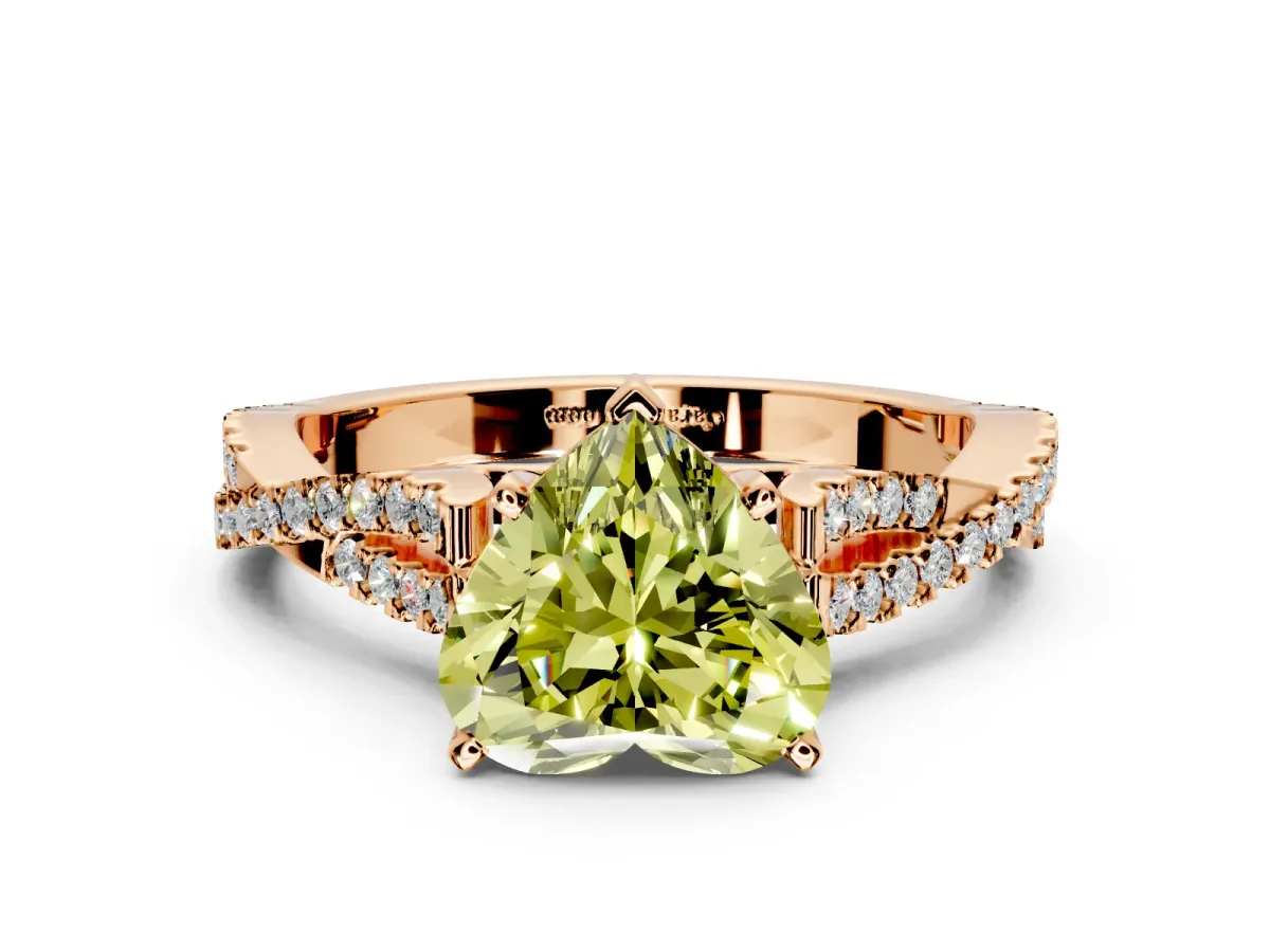 Solitaire Engagement Ring Setting for Fancy Yellow Heart-Shaped Center with Twisted Pave Split Shank and Prong Head in Rose Gold