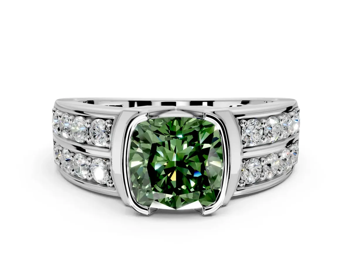 Bezel Engagement Ring Setting for Fancy Green Cushion Cut Center with Wide Channel-Set Band and Bezel Head in Sterling Silver