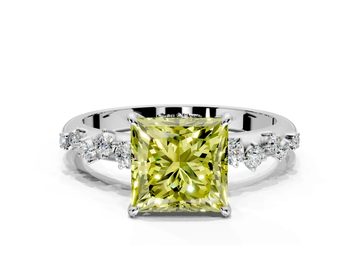 Cluster Engagement Ring Setting for Fancy Yellow Princess Cut Center with Round Cut Accent Band and Prong Head in Platinum