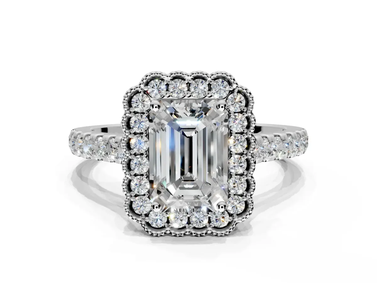 Milgrain Floral Halo Engagement Ring Setting for Emerald Cut Center with Pave Band and Prong Head in Platinum