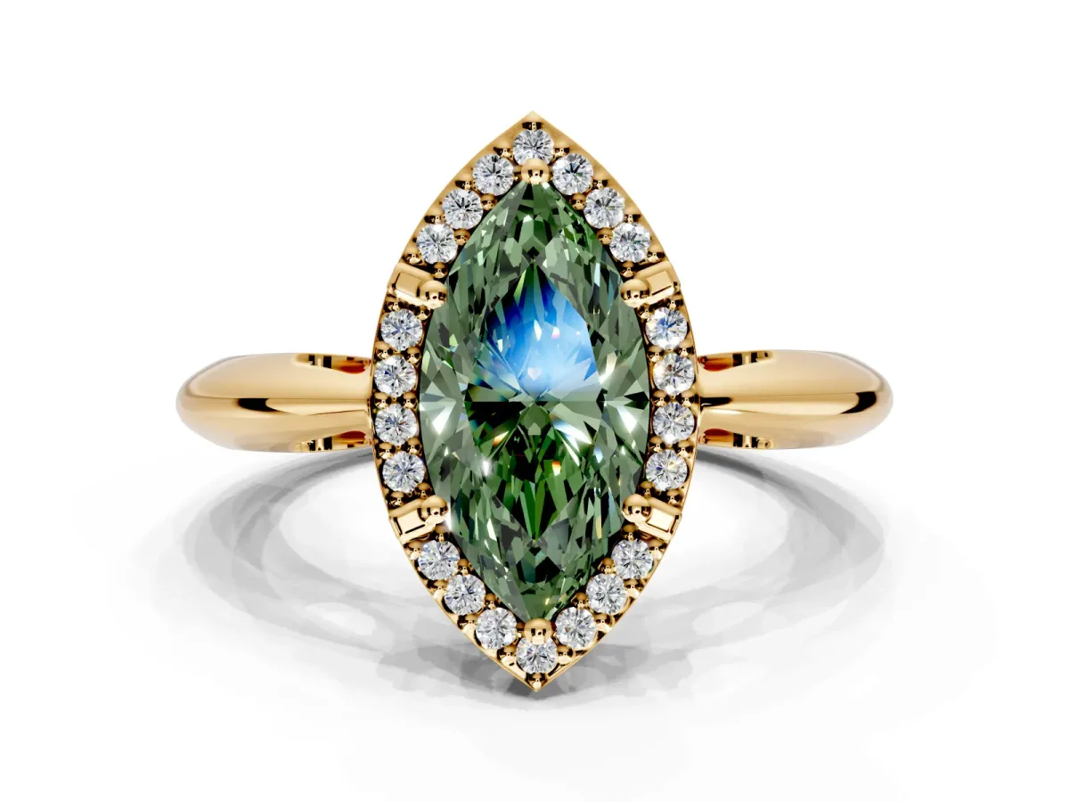 Halo Engagement Ring Setting for Fancy Green Marquise Center with Tapered Plain Band and Prong Head in Yellow Gold