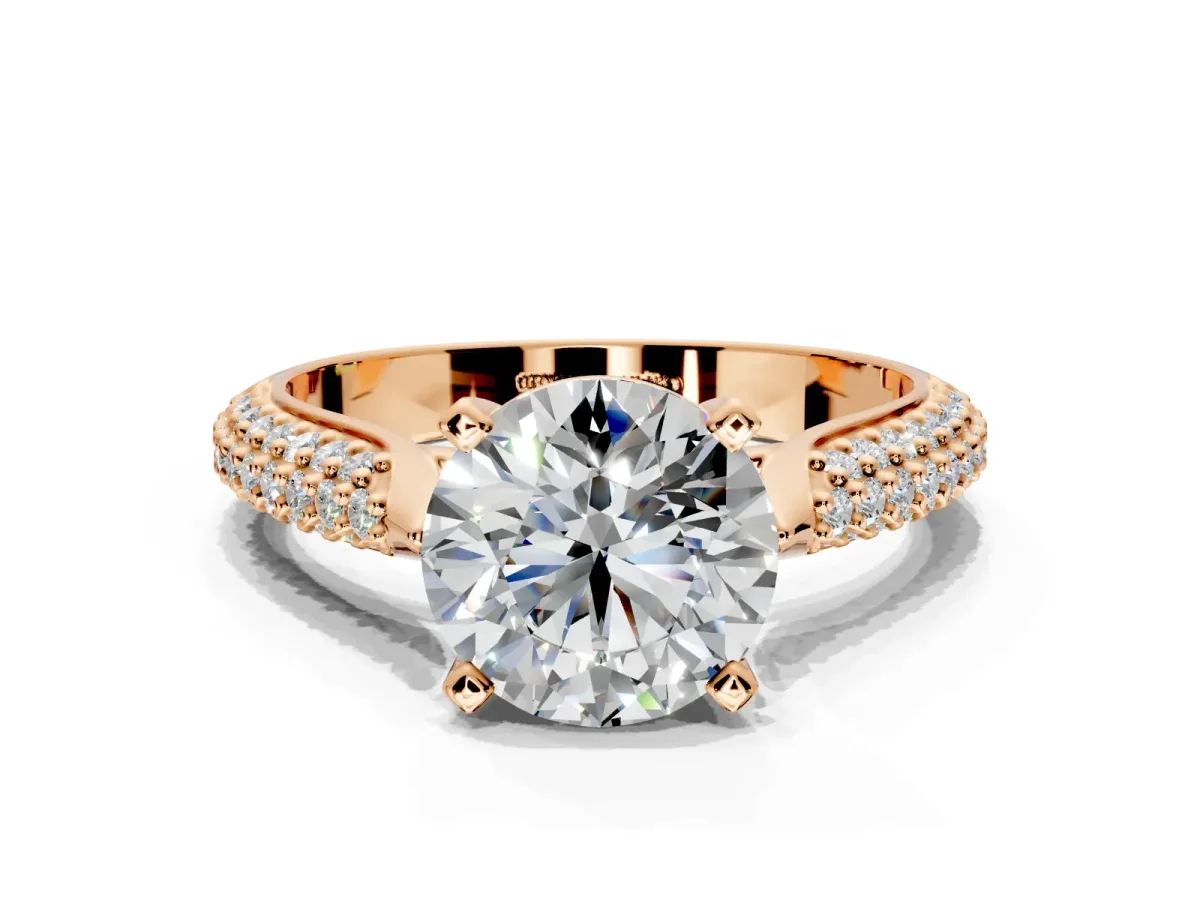 Solitaire Engagement Ring Setting for Round Cut Center with Multi-Row Accents and Prong Head in Rose Gold