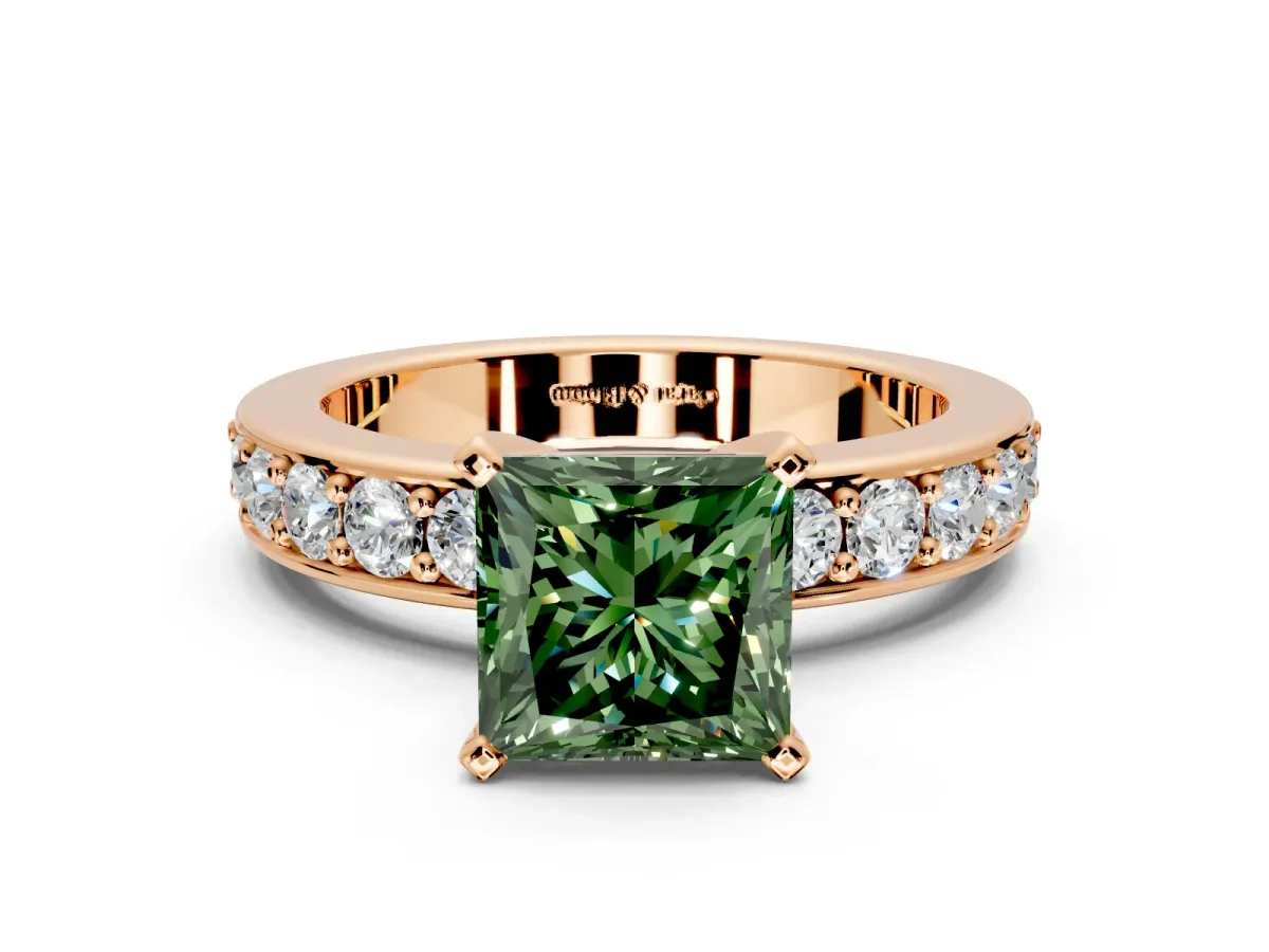 Solitaire Engagement Ring Setting for Fancy Green Princess Cut Center with Channel-Set Accents and Prong Head in Rose Gold