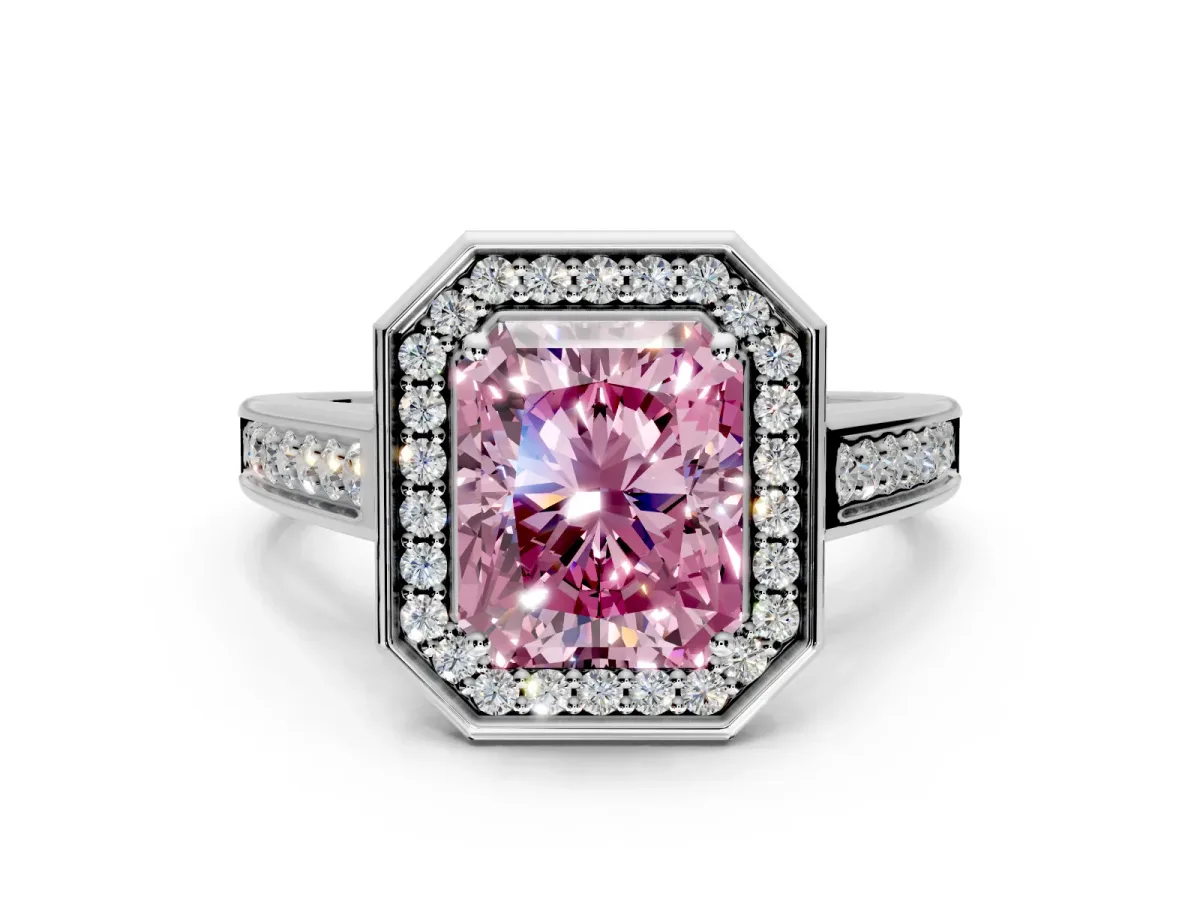 Halo Engagement Ring Setting for Fancy Pink Emerald Cut Center with Outer Bezel Rim, Pave Band and Prong Head in Platinum